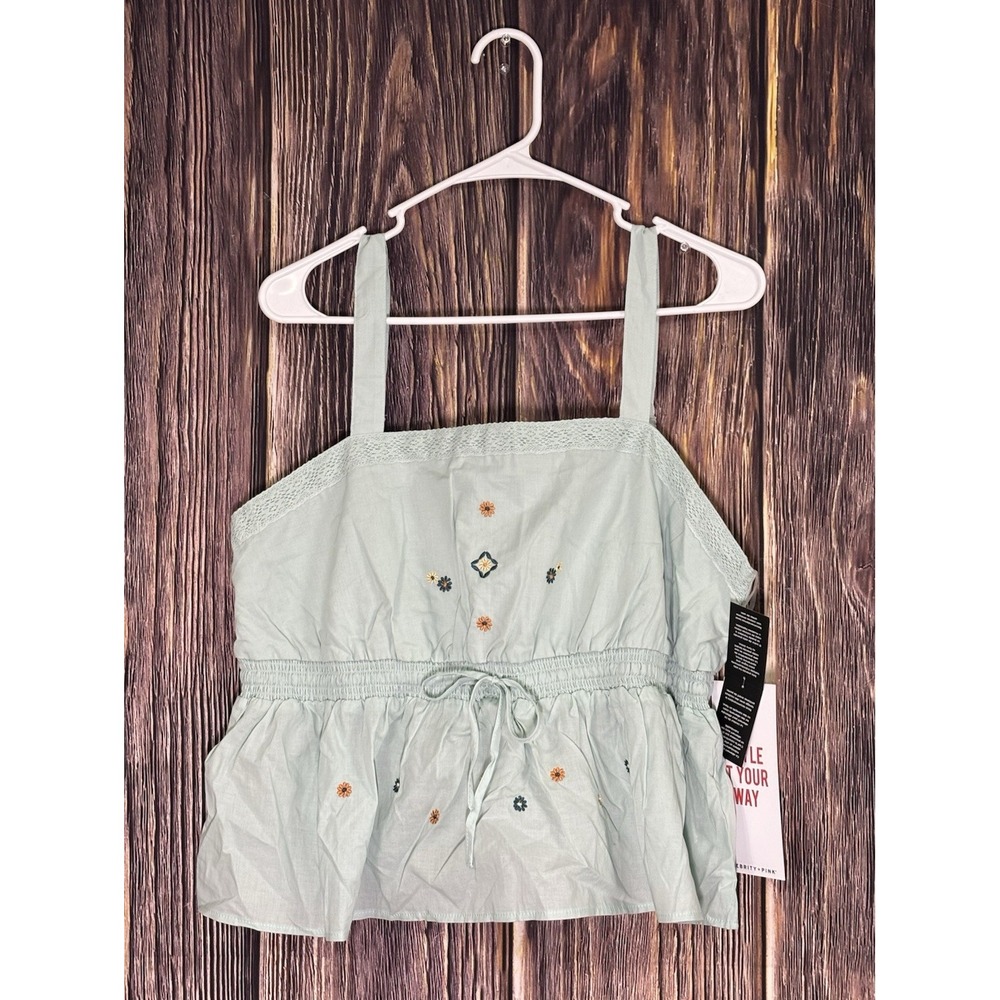 Celebrity Pink Womens Tank/Peplum Top XL Green With Embroidered Flowers NWT